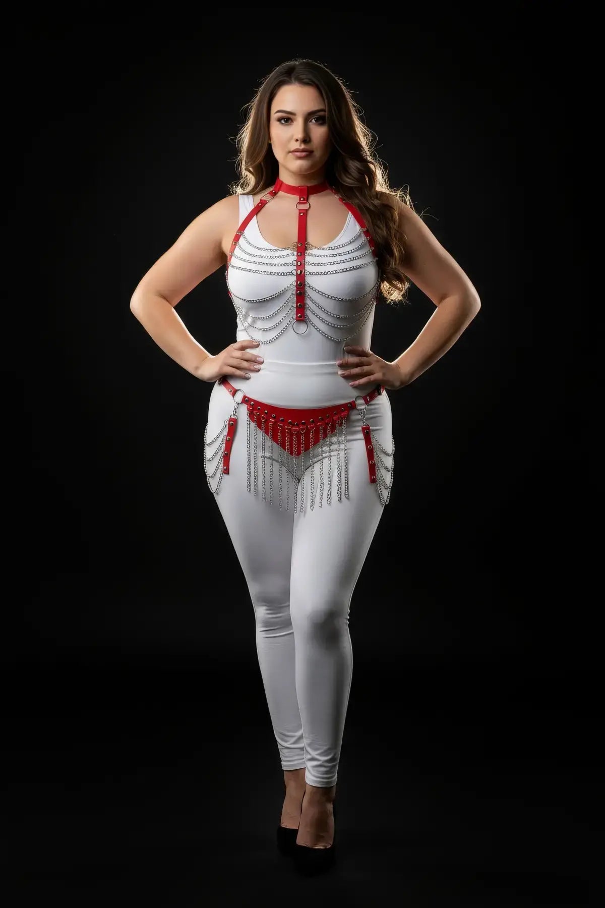 Plus-size red chain bib and chain-fringe belt harness set by HarnessClub; vegan leather body accessory.