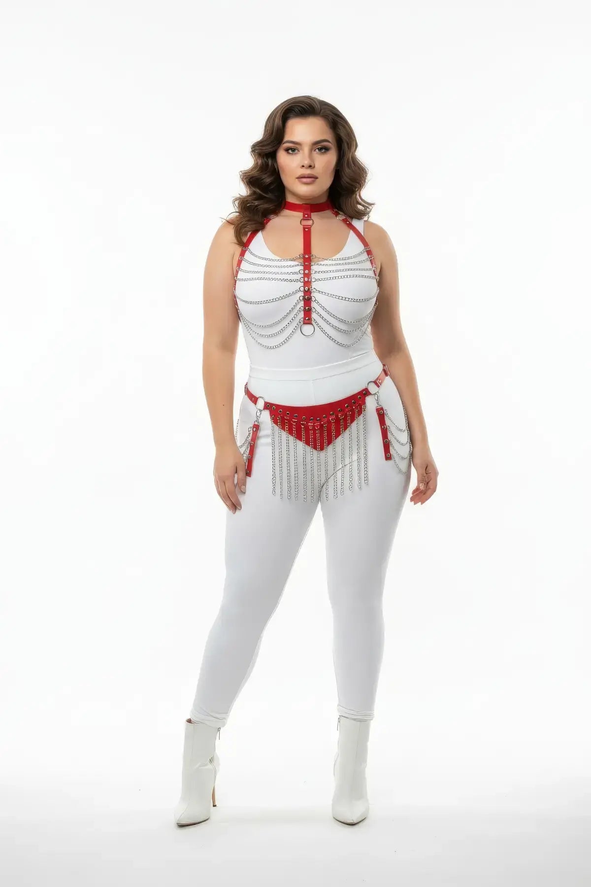 Plus-size red vegan-leather chain bib and chain-fringe belt harness set with silver chains