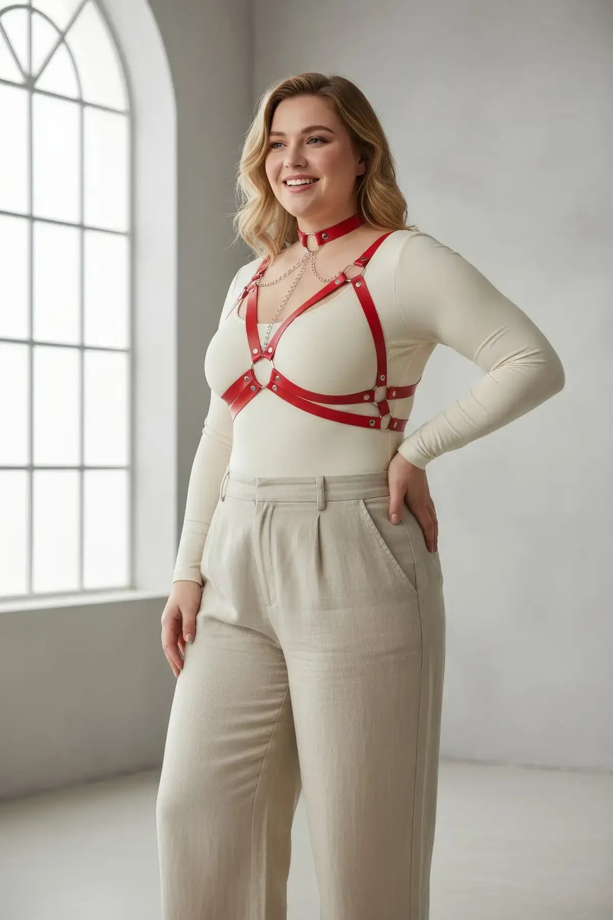 Plus-size red chain cage chest harness in vegan leather worn over a cream top.