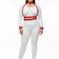Plus size red chain chest harness & two cuffs set by HarnessClub with vegan leather straps and silver chains.