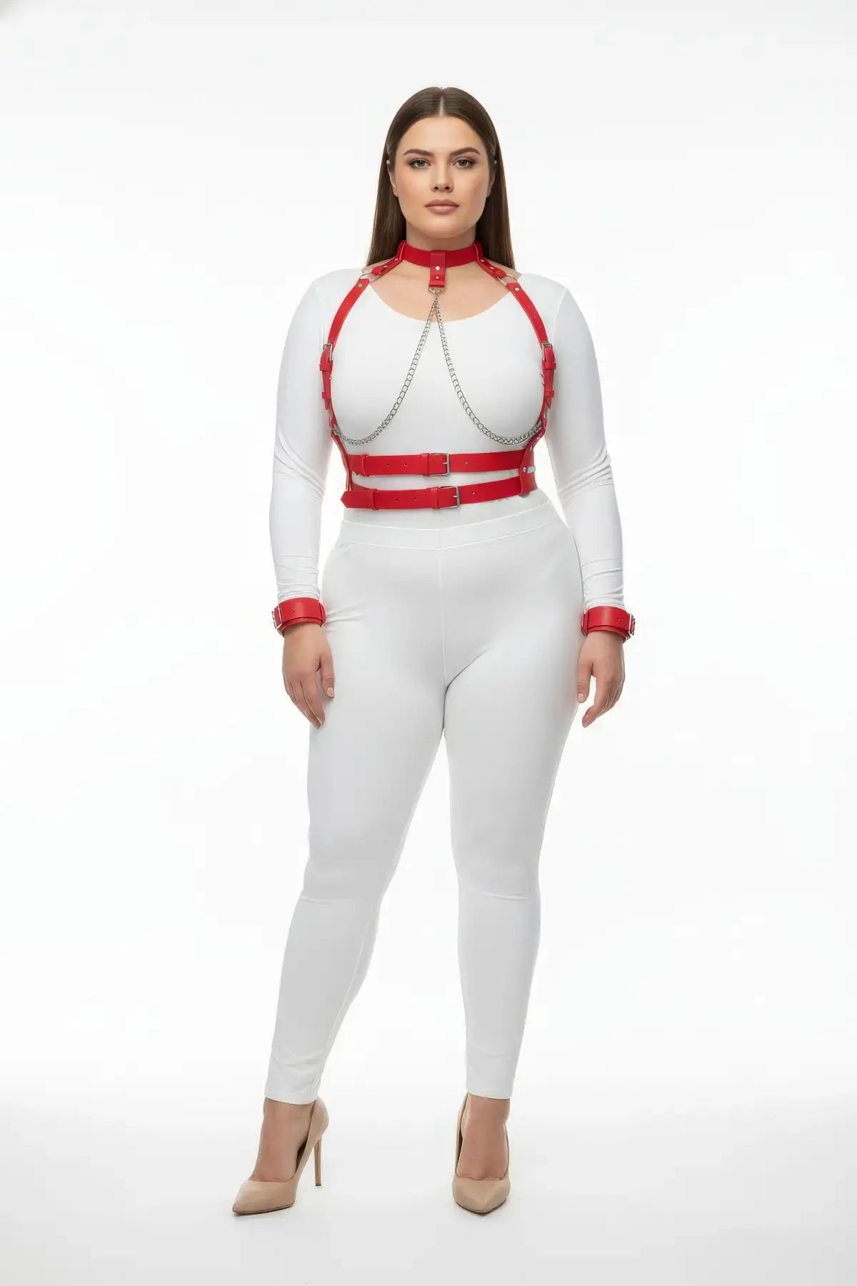 Plus size red chain chest harness & two cuffs set by HarnessClub with vegan leather straps and silver chains.