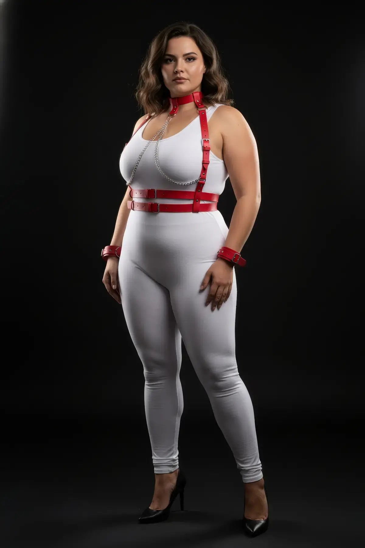 Plus-size red vegan leather chest harness and two cuffs set by HarnessClub, with silver chain detail worn over bodysuit.