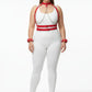 Plus Size Red Chain Chest Harness & Cuff Set by HarnessClub worn on a model in a white bodysuit; vegan leather with silver chains