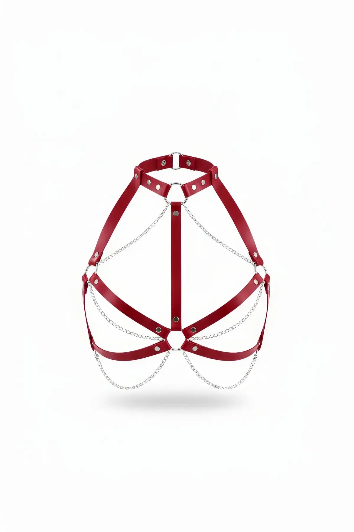 Plus Size Red Chain Chest Harness by HarnessClub, crimson vegan leather with silver chains