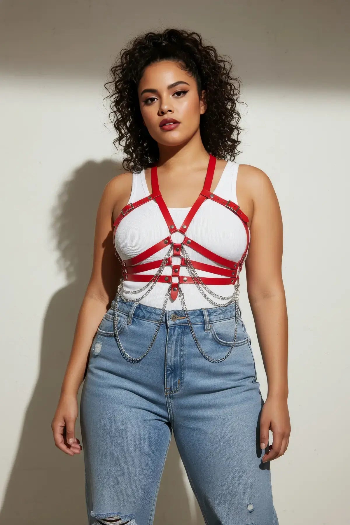 Plus size red vegan leather chain-detail body harness with silver hardware worn over a white tank top.