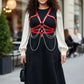 Plus Size Red Chain Detail Body Harness by HarnessClub in vegan leather with silver chains over a black dress