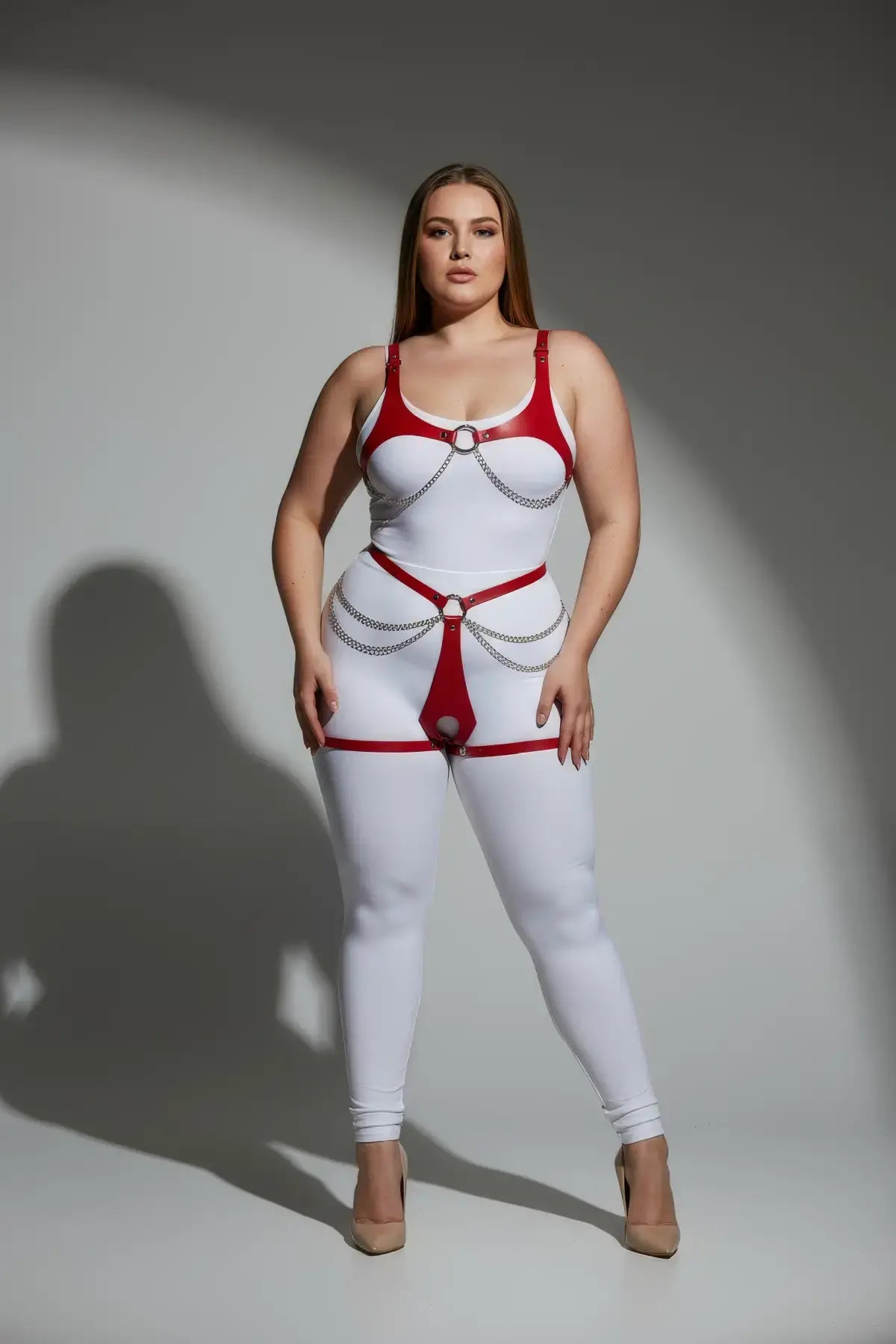 Plus-size red chain-detail faux leather body harness set with silver chains by HarnessClub