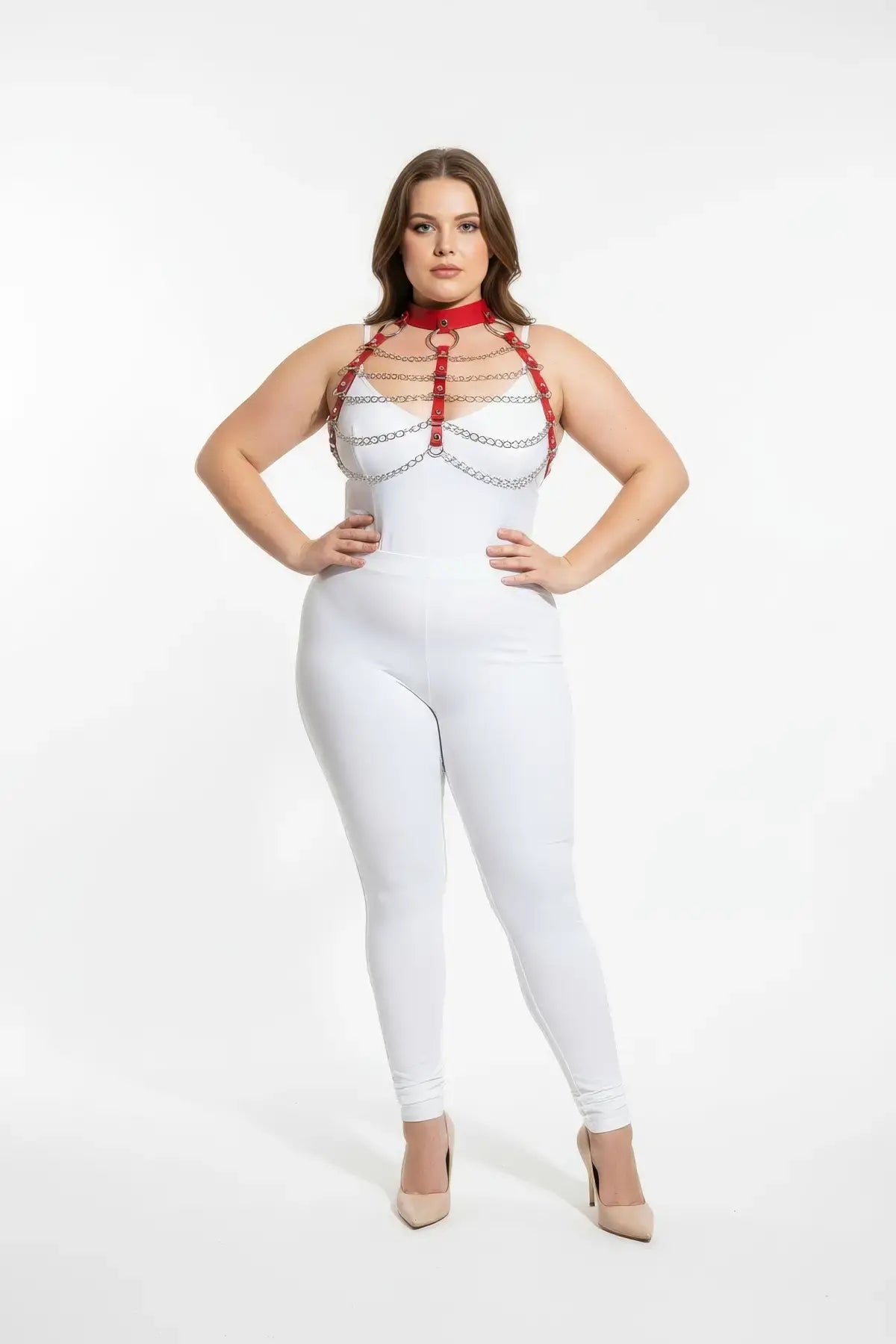 Plus Size red chain-detail faux leather chest harness worn over a white bodysuit
