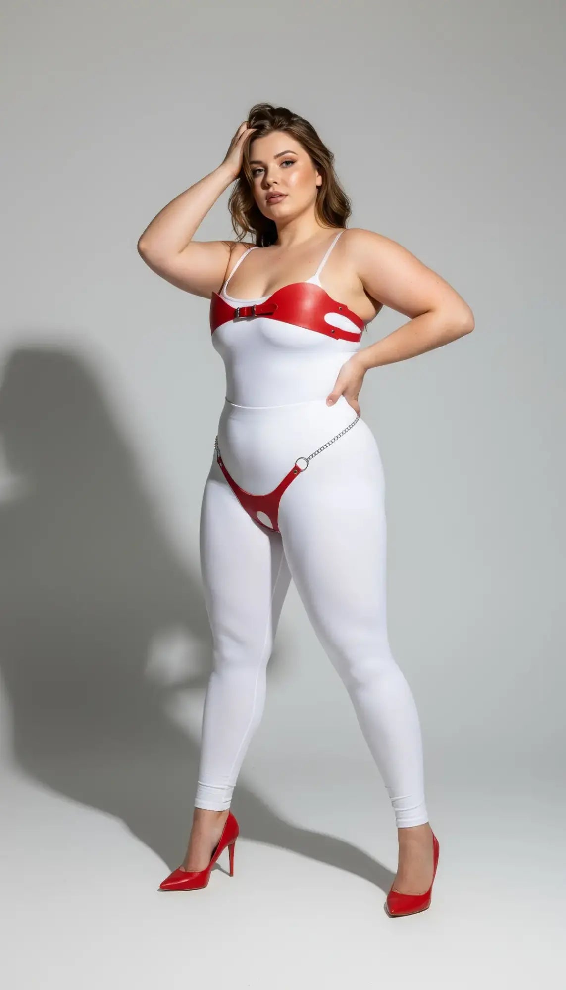 Plus-size red chain-detail faux leather harness set on model with white bodysuit and red heels