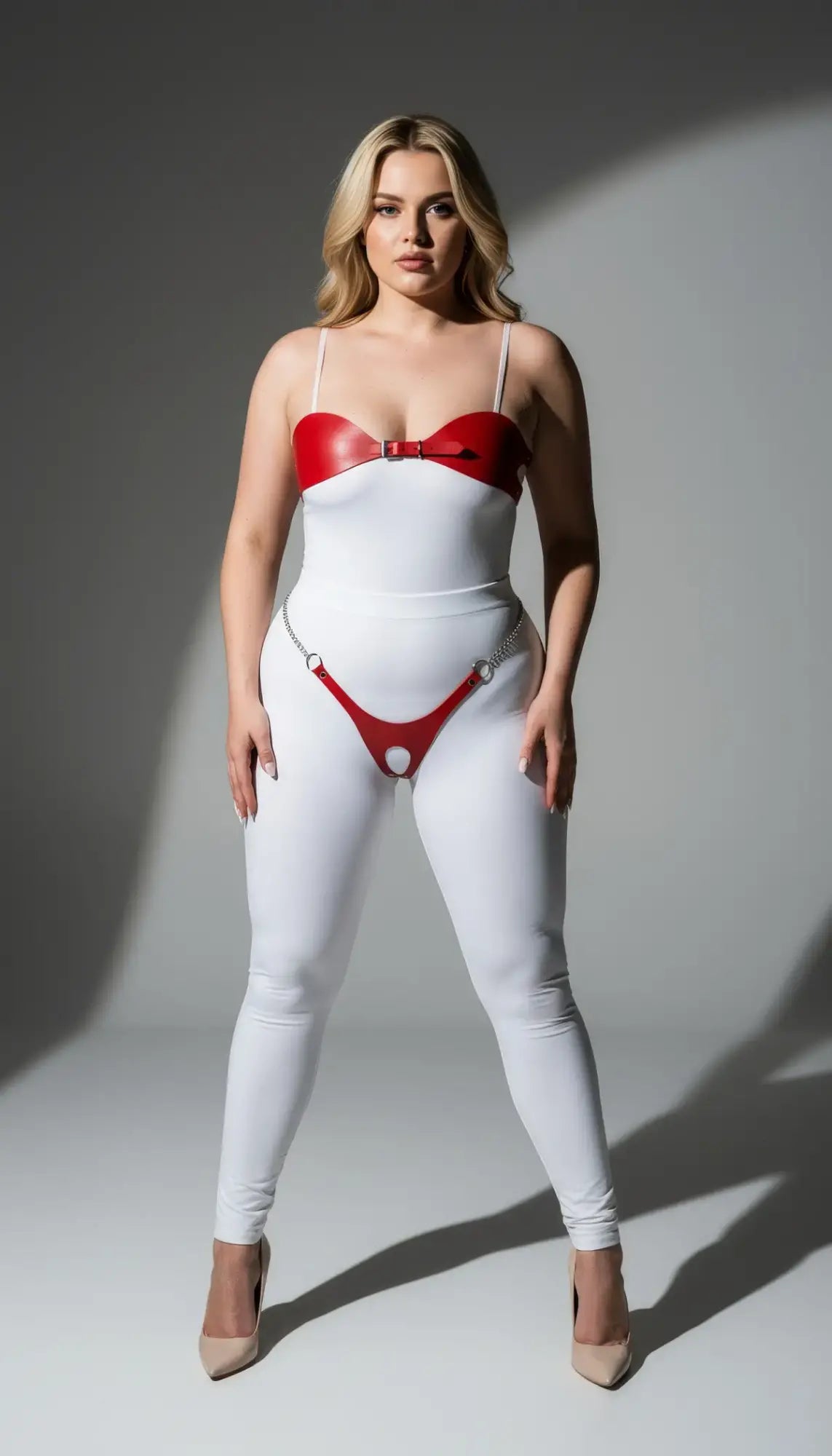 Plus-Size Red Chain-Detail Faux Leather Fantasy Harness Set by HarnessClub