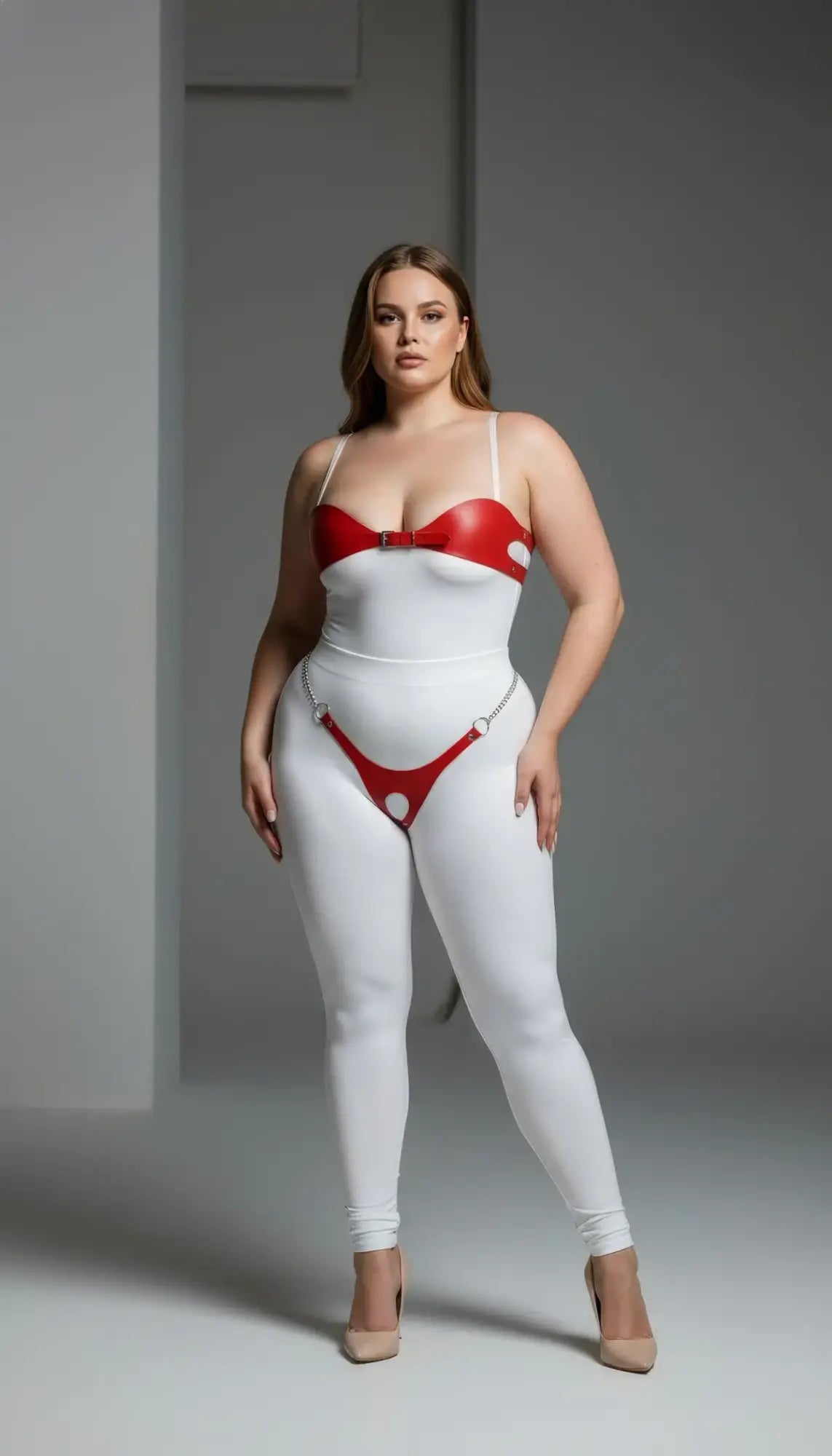 Plus-size red chain-detail faux leather harness set worn over a white bodysuit