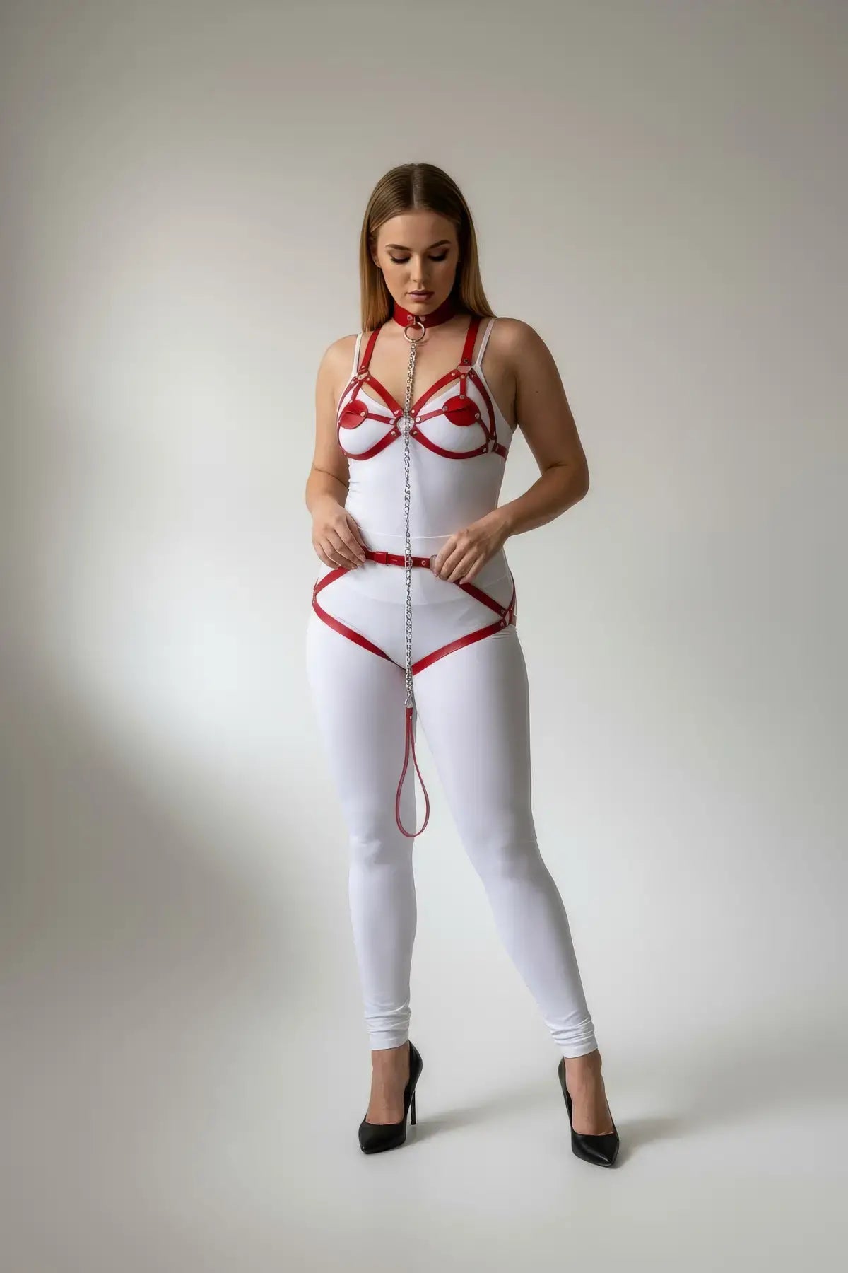 Plus-size red chain-detail faux leather full-body garter harness by HarnessClub