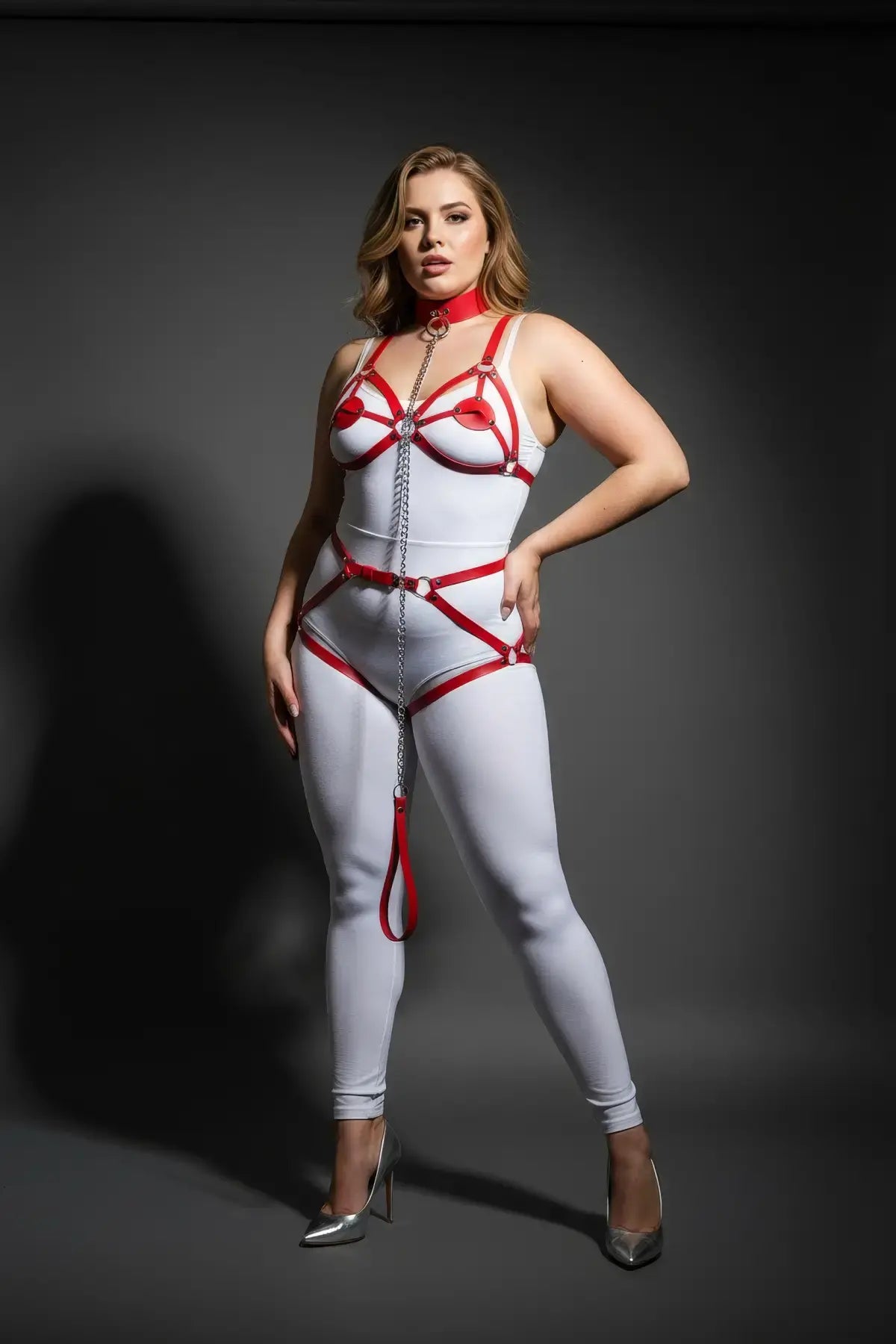 Plus Size Red Chain-Detail Faux Leather Full-Body Garter Harness by HarnessClub