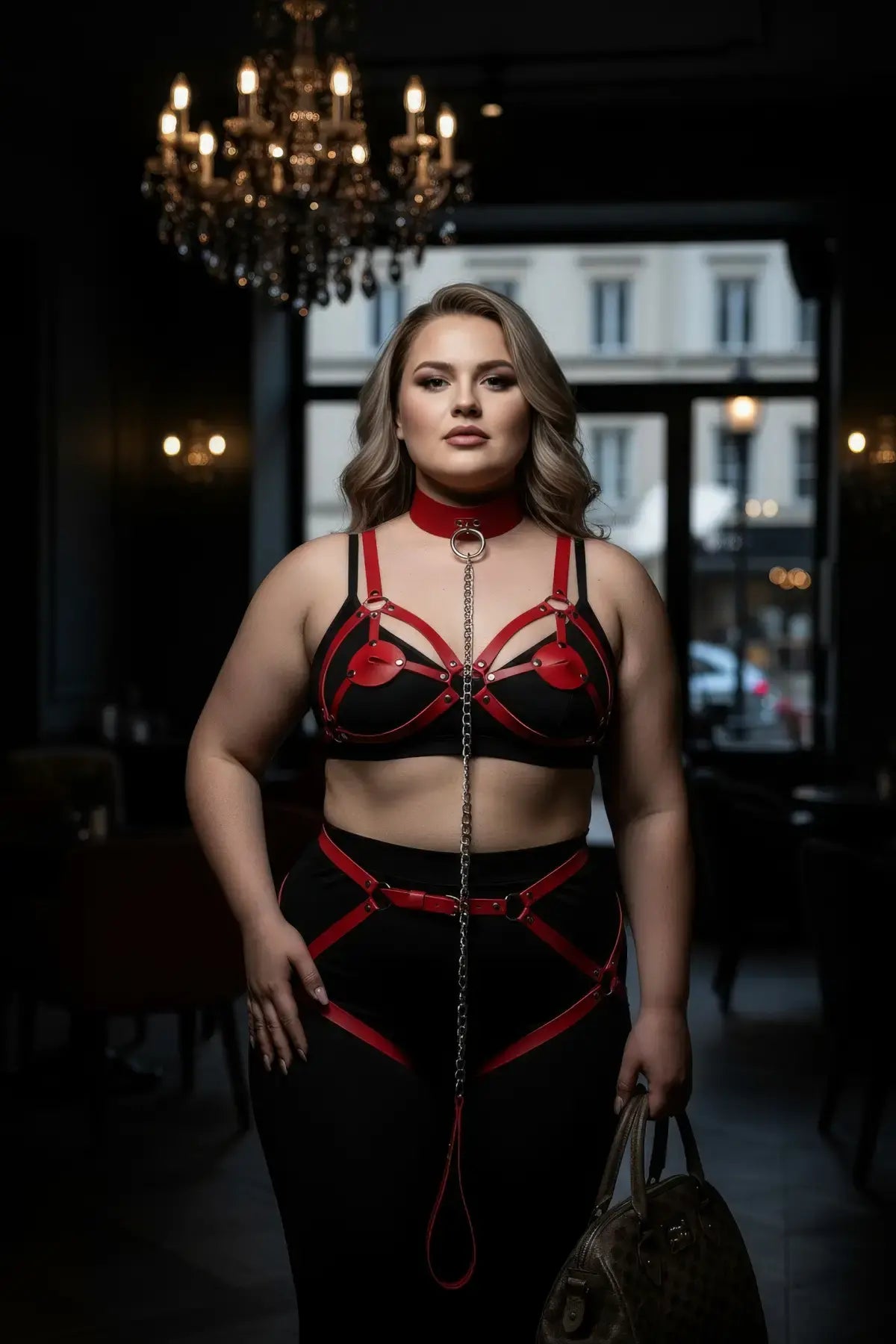Plus-size red chain-detail faux leather full-body garter harness by HarnessClub