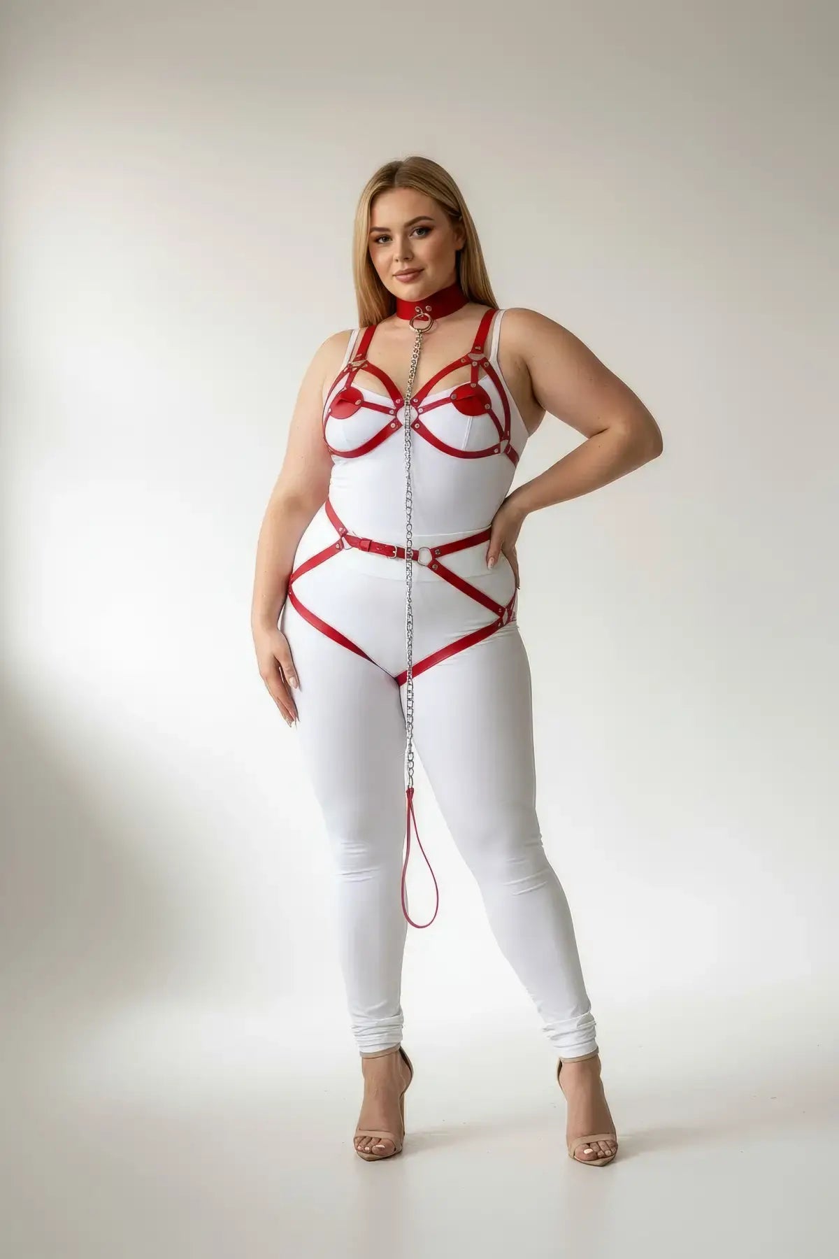 Plus-size red chain-detail faux leather full-body garter harness by HarnessClub