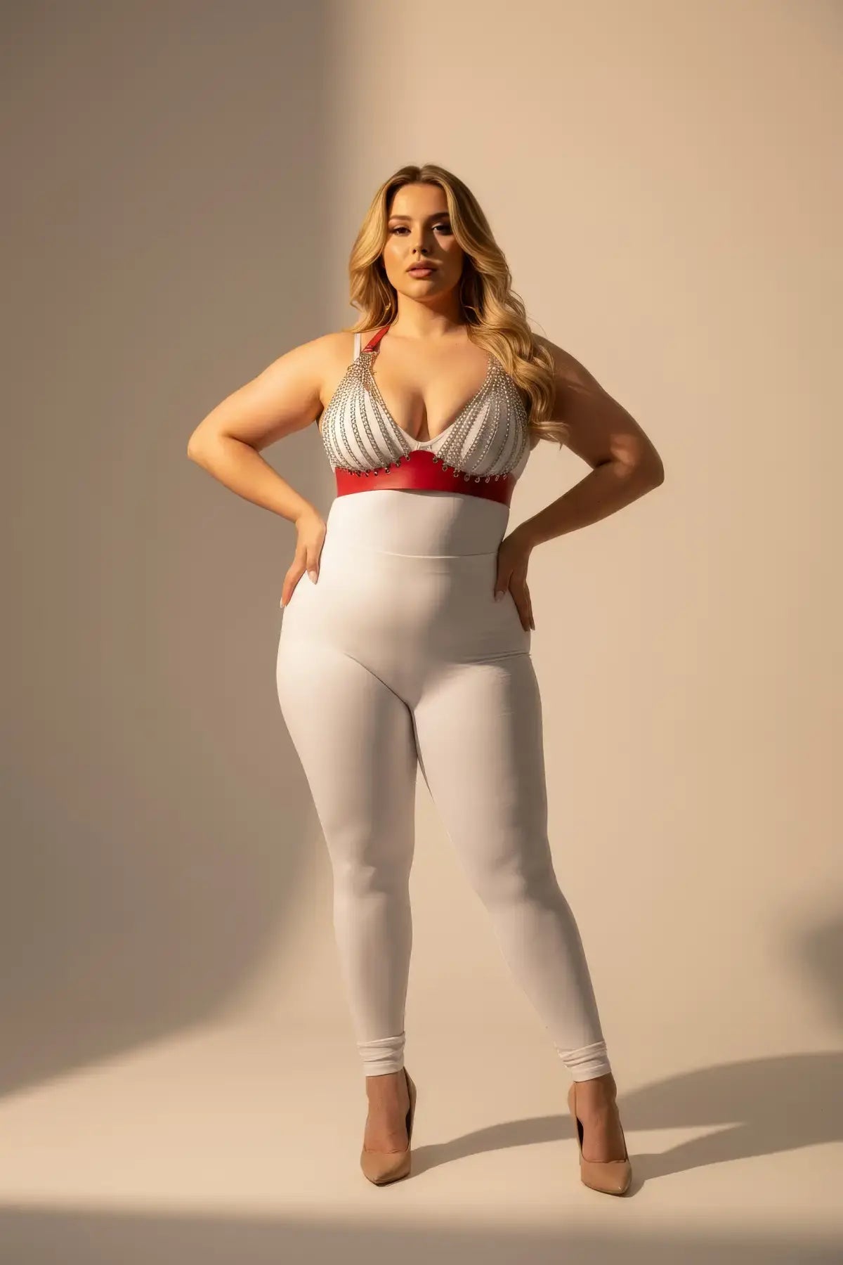 Plus-size HarnessClub red chain-detail faux leather harness set featuring a silver chain-bralette and red waist belt on a model.