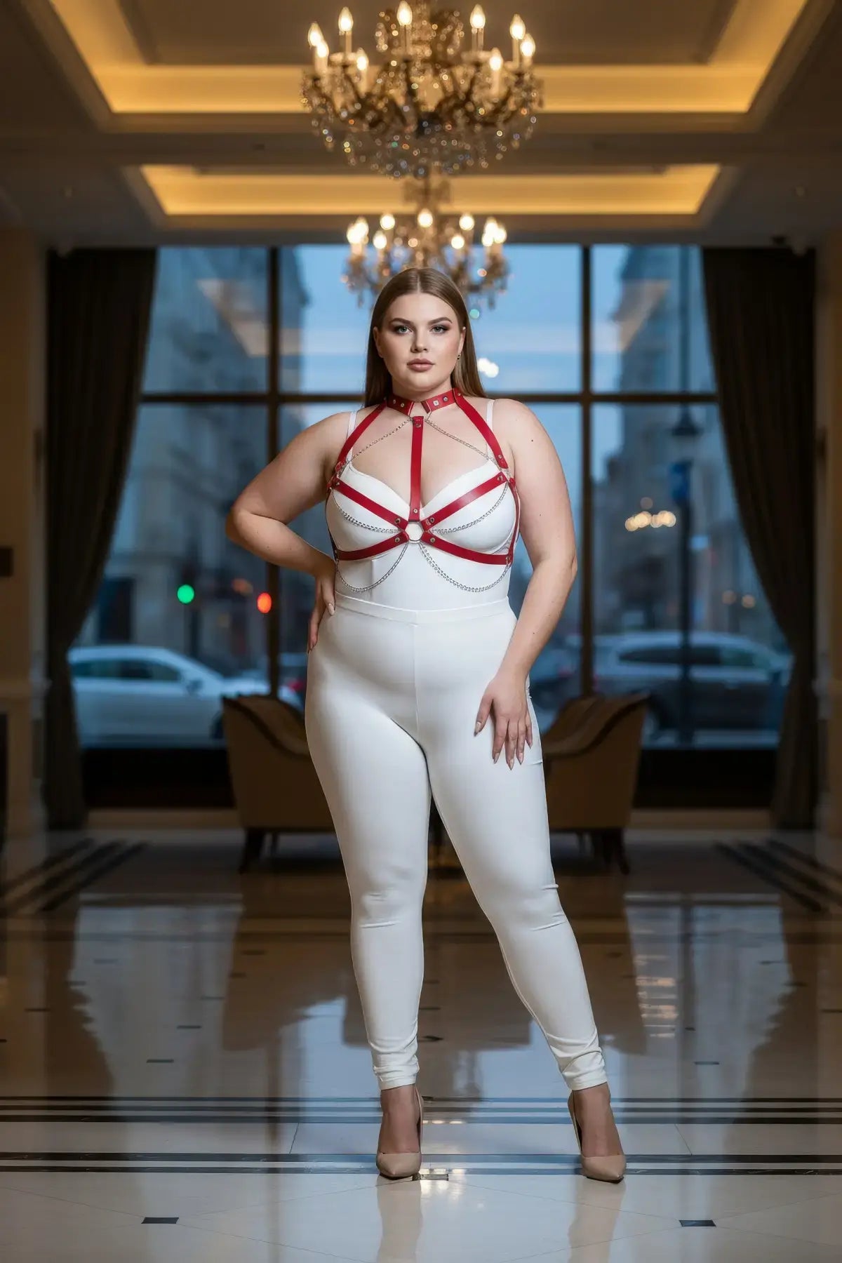 Plus-size red chain-detail faux leather harness worn by a model