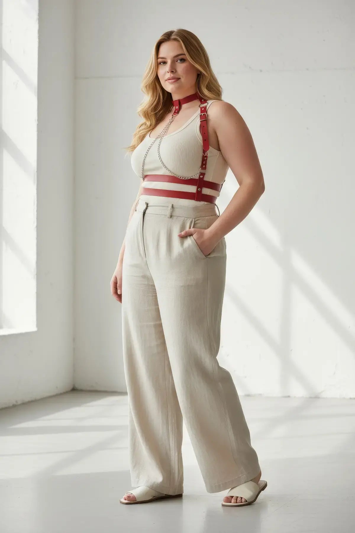 Plus Size Red Chain-Detail Leather Body Harness by HarnessClub worn over a white top