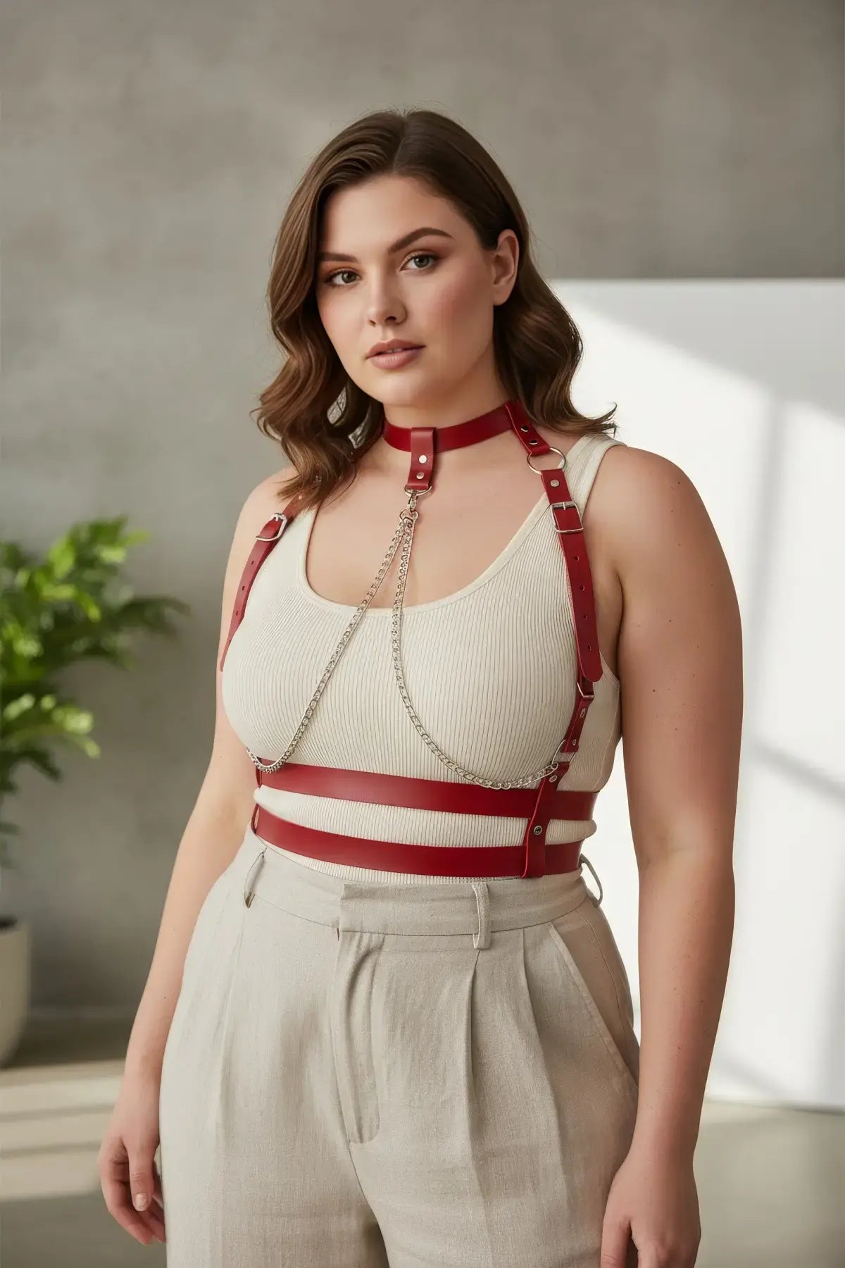 Plus size red chain-detail leather body harness by HarnessClub