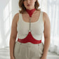 Plus Size red leather body harness with chain detail and metal rings, HarnessClub.