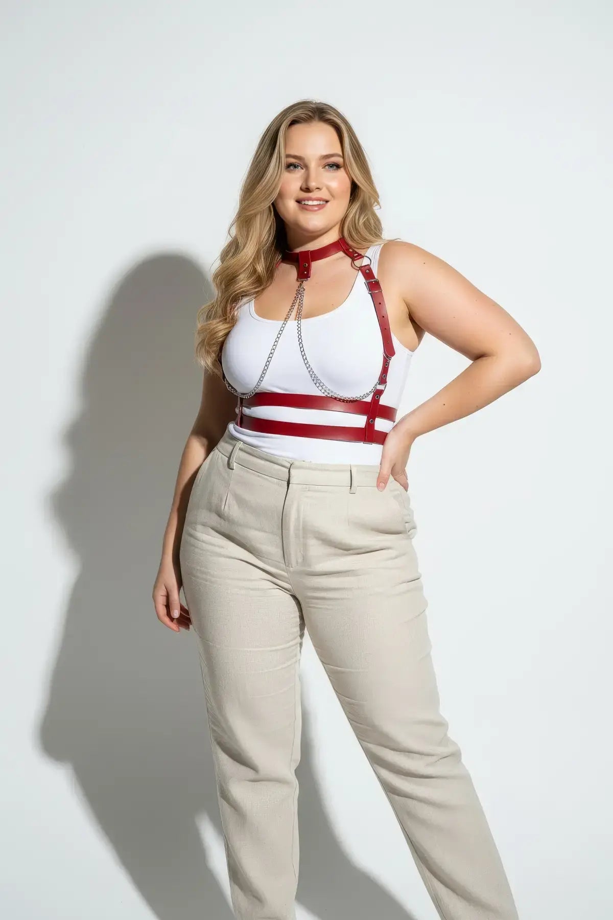 Plus Size Red Chain-Detail Leather Body Harness with metal chains and neck collar.