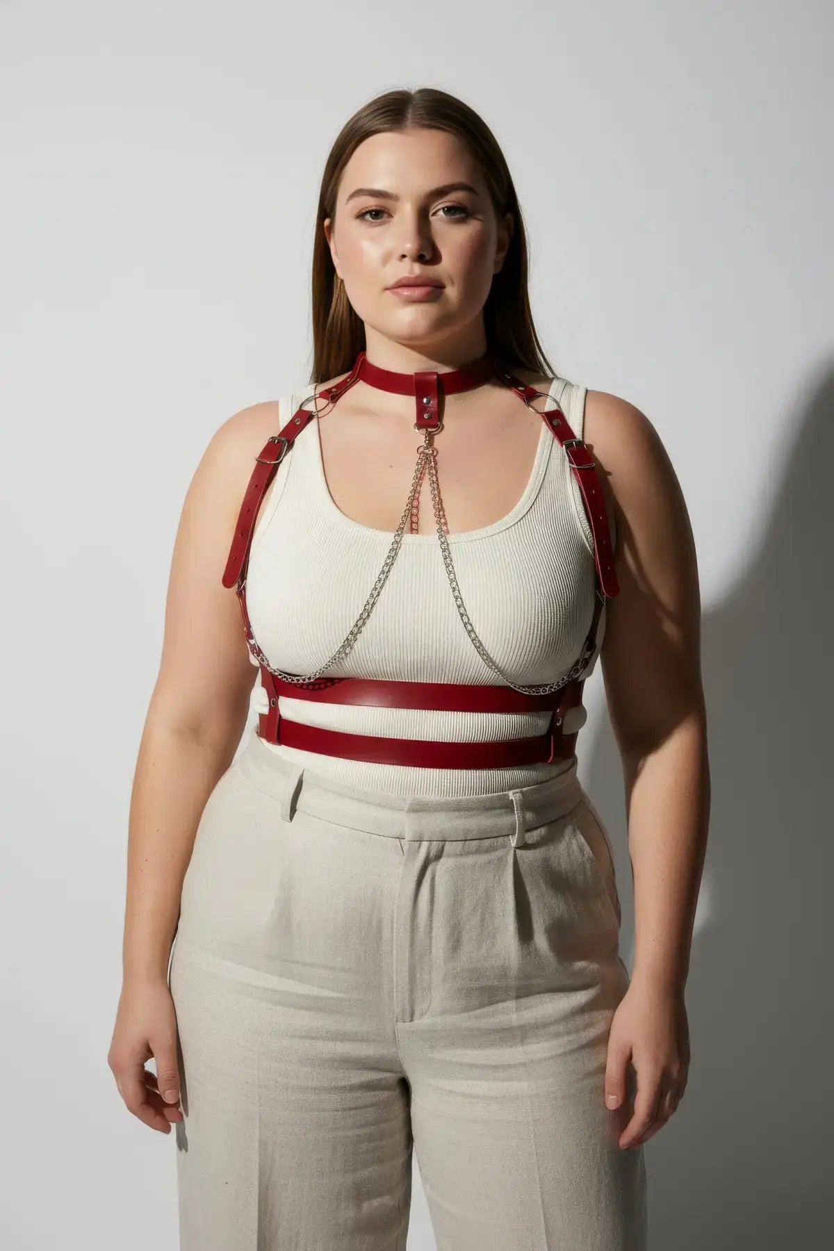 Plus Size Red Leather Body Harness with Chain Detail by HarnessClub