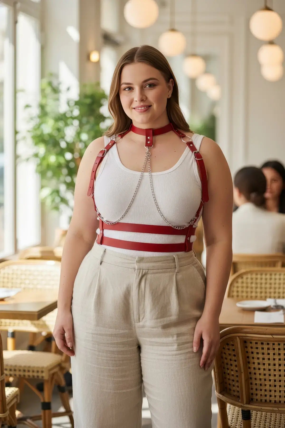 Plus Size Red Chain-Detail Leather Body Harness with silver chains