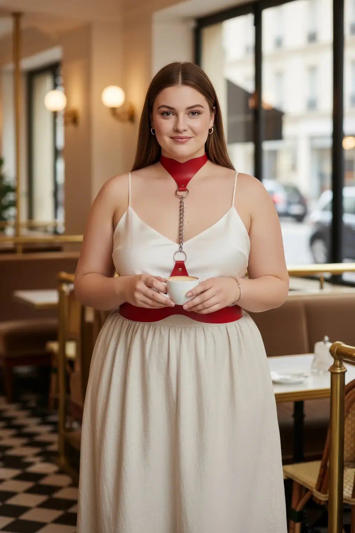 Plus-size red chain-detail leather body harness worn around neck and waist.