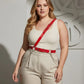 HarnessClub plus-size red leather body harness with chain details across shoulder and waist.