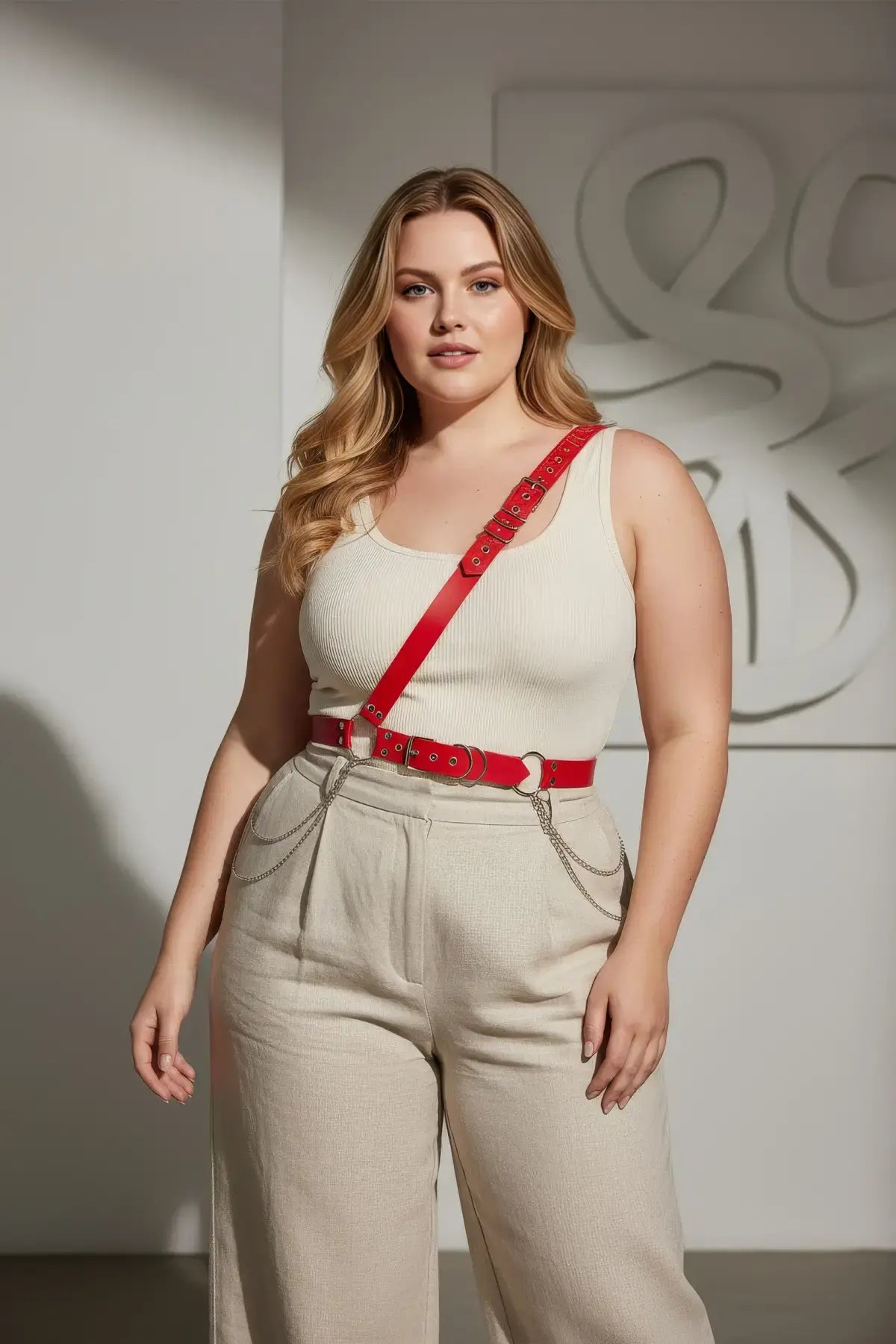 HarnessClub plus-size red leather body harness with chain details across shoulder and waist.