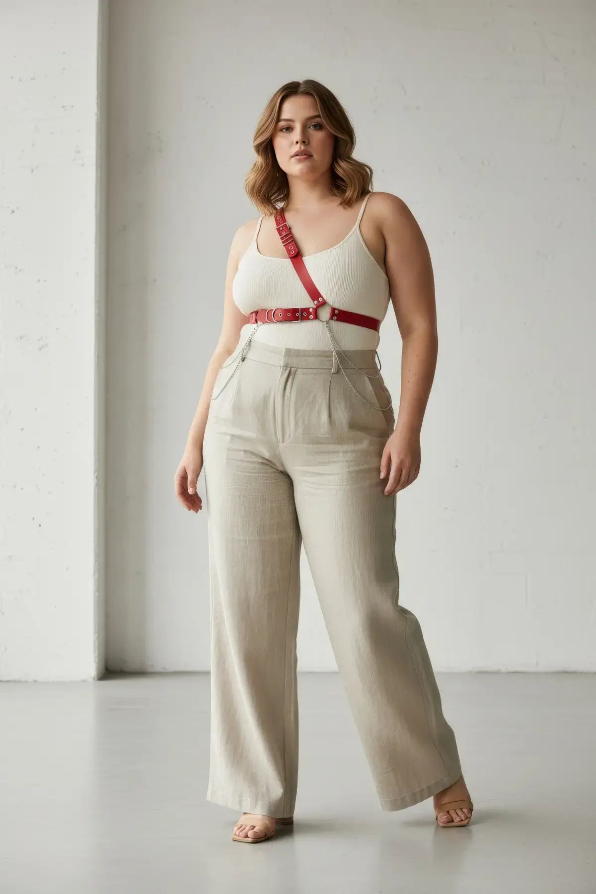 Plus-Size red chain-detail leather harness by HarnessClub worn across the torso over a white top.