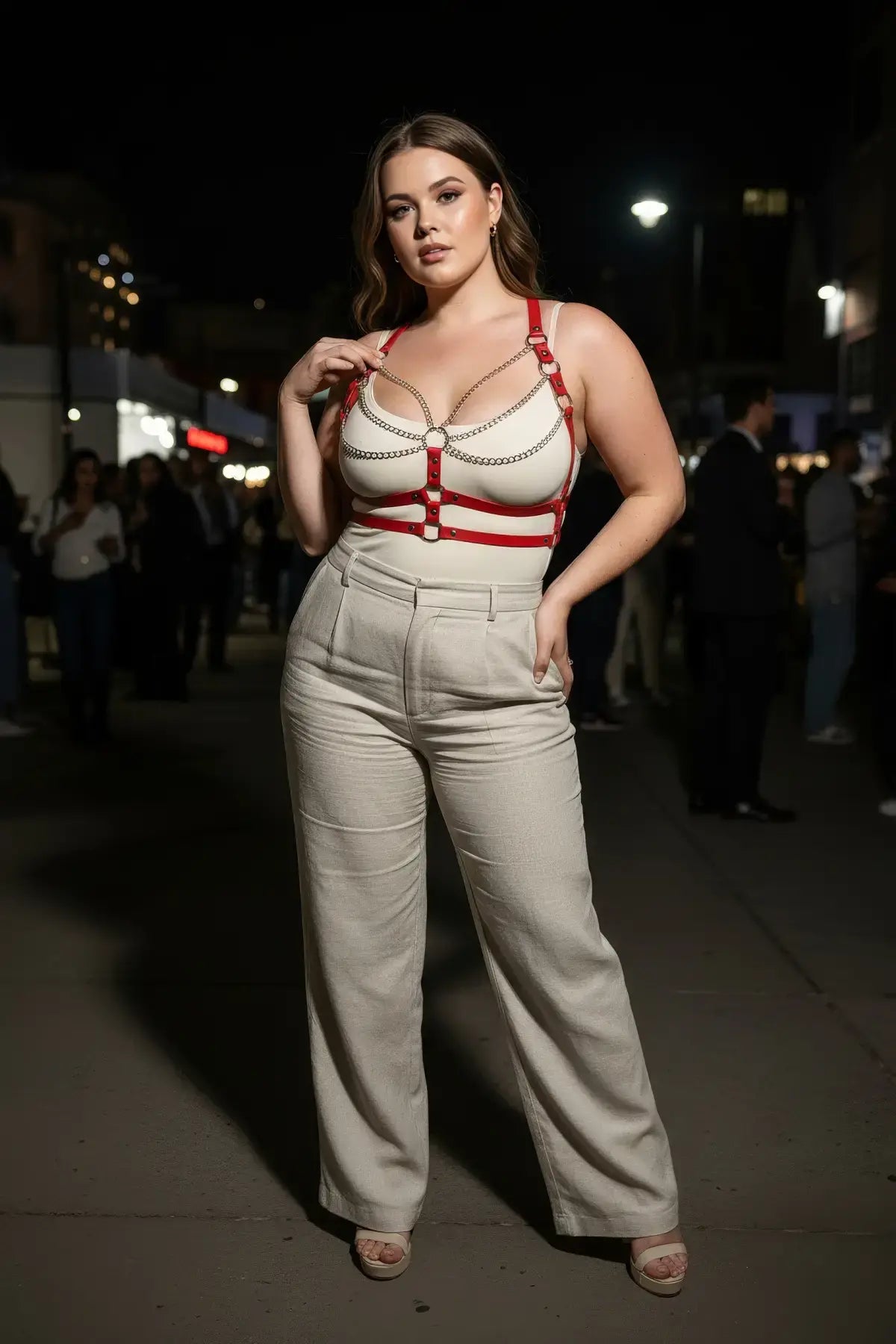 Plus-size red chain-draped cage chest harness with silver chains, vegan leather.