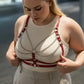 Plus-size red chain-draped cage chest harness by HarnessClub, vegan leather with silver chains.