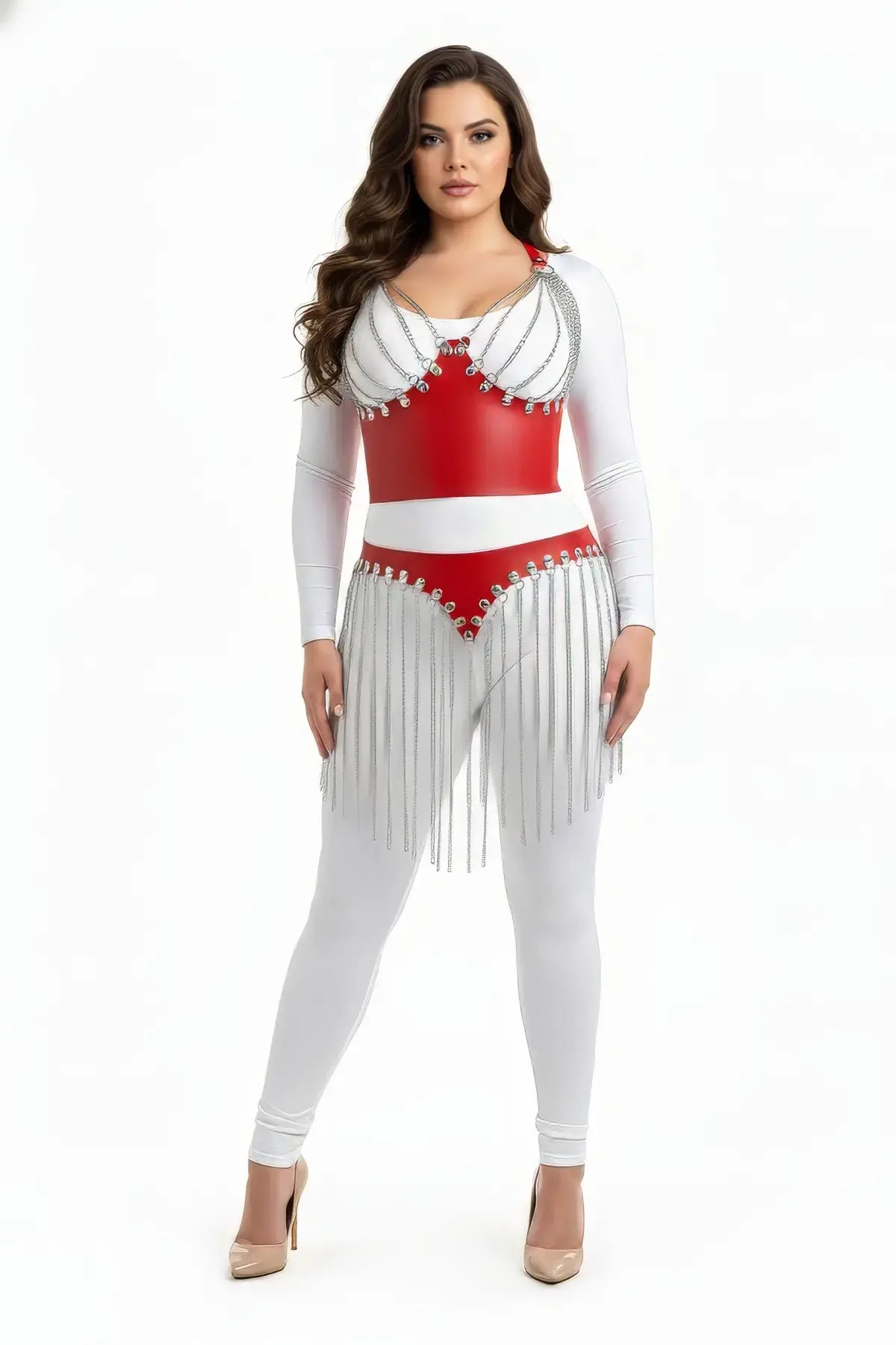 HarnessClub plus-size red chain-fringe bralette and skirt set in vegan leather with silver chains