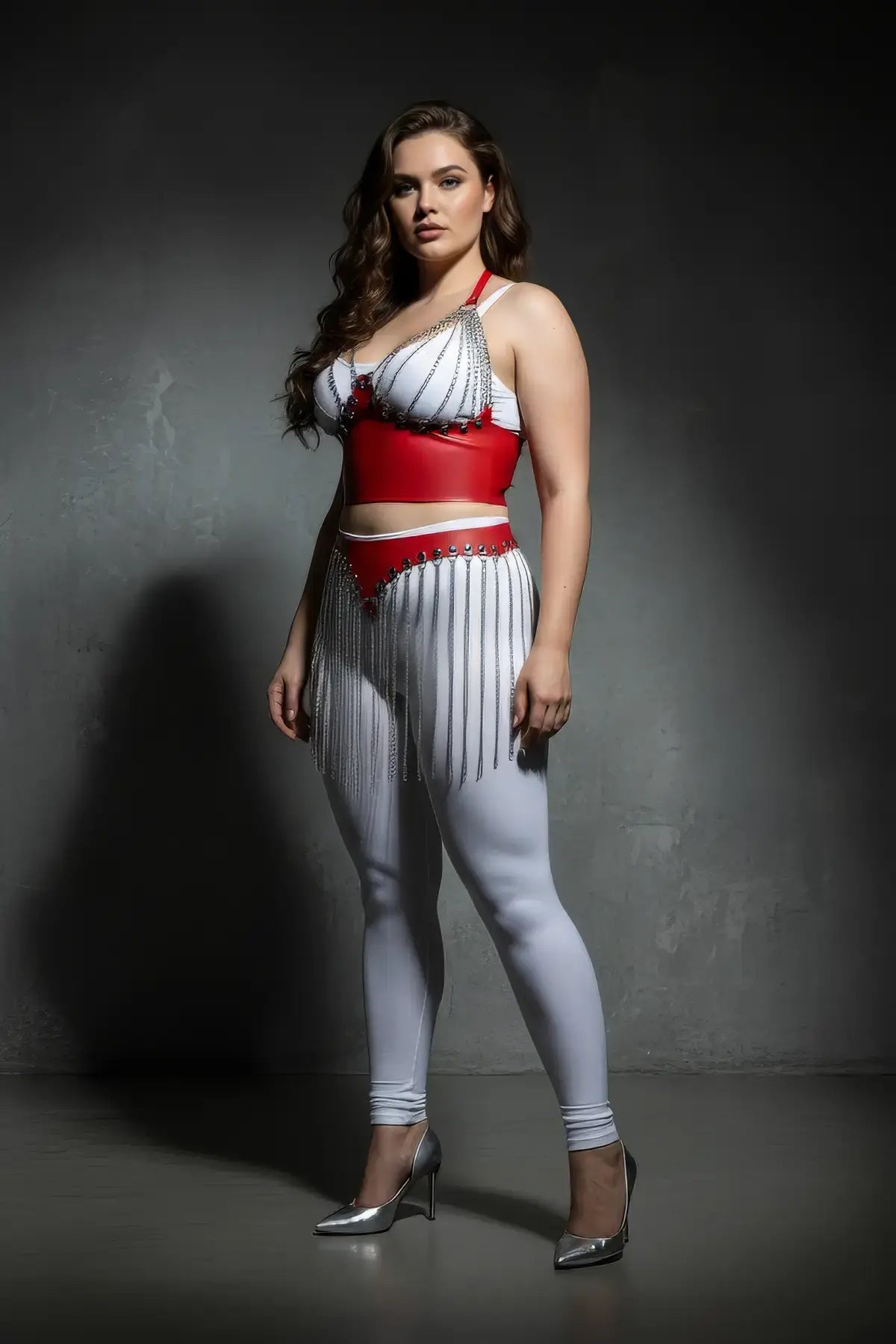 Plus-size red vegan-leather bralette and fringe skirt set with silver chains
