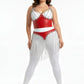 Plus-size red chain-fringe bralette and skirt set in vegan leather with silver chains