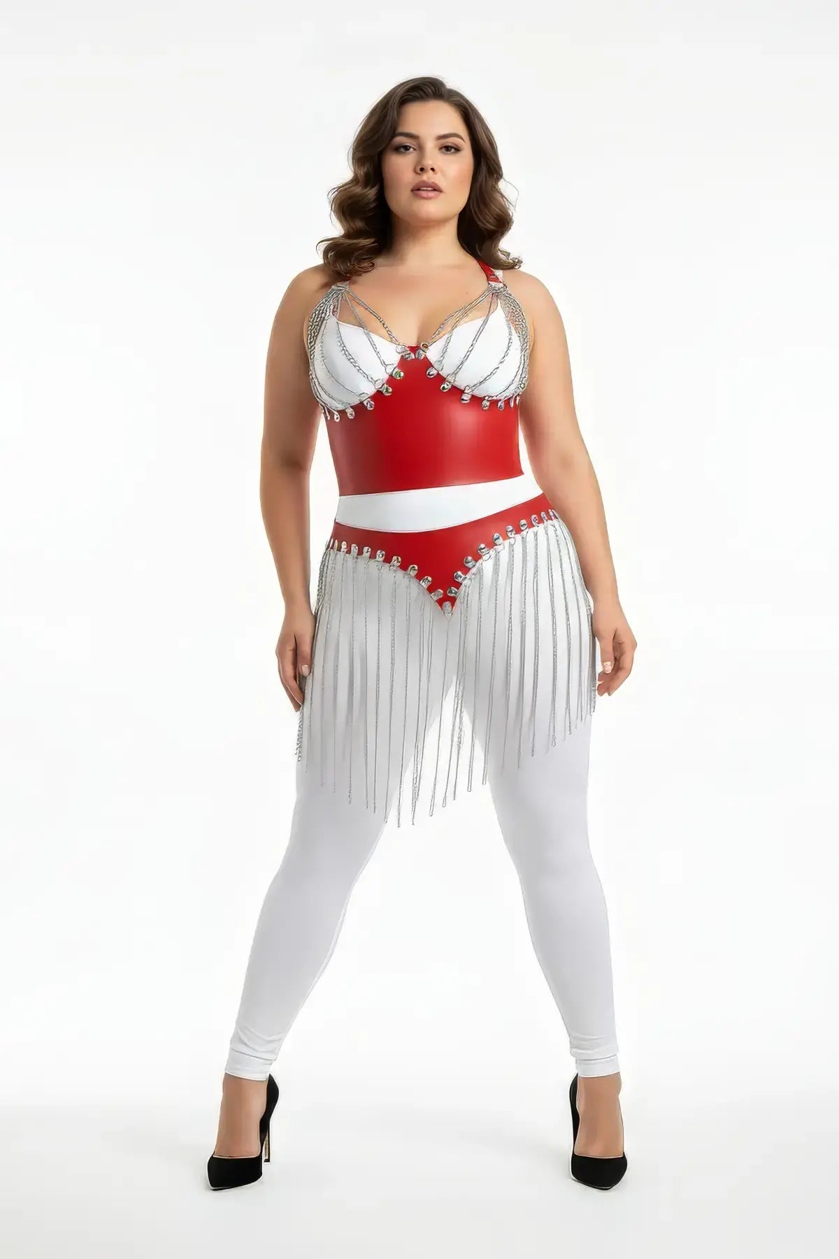 Plus-size red chain-fringe bralette and skirt set in vegan leather with silver chains