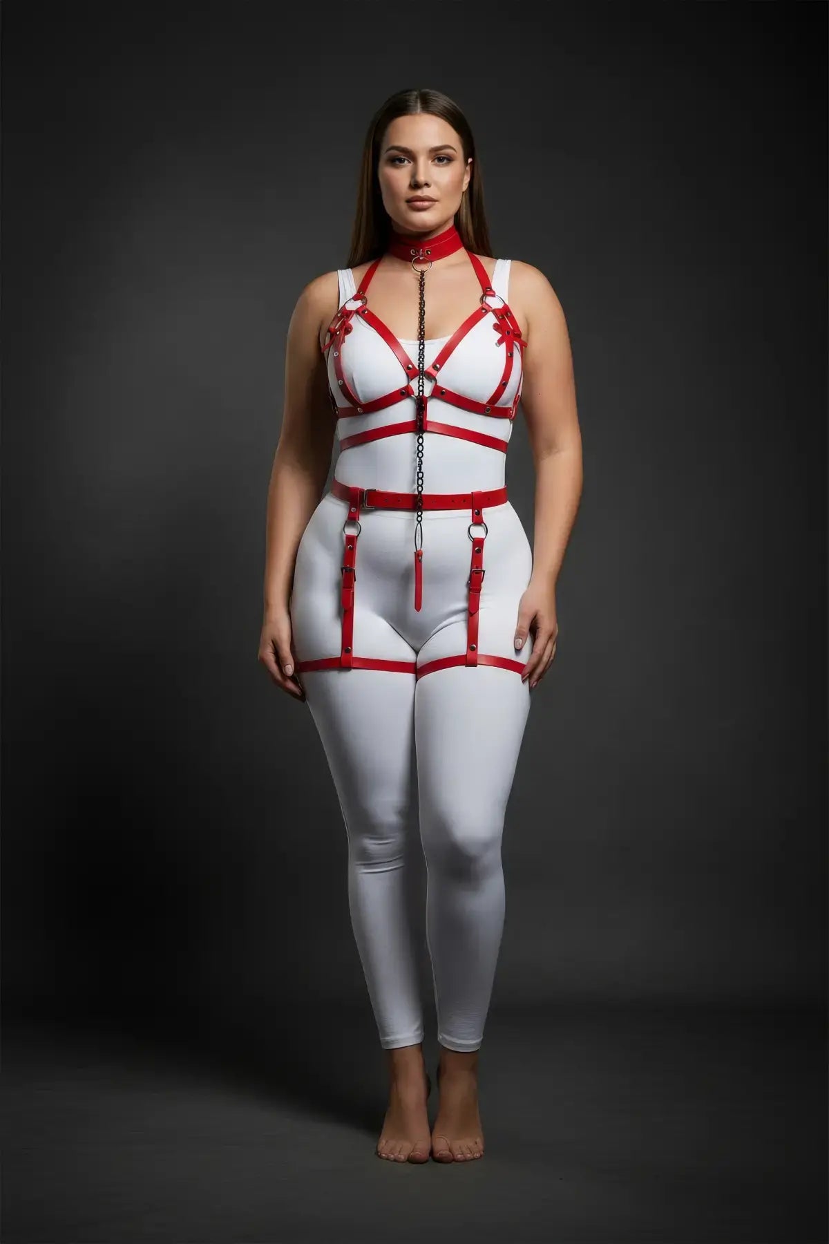 Plus size red chain-link garter harness set with collar and straps, vegan leather, HarnessClub