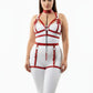 Plus-size red vegan leather chain-link garter harness set by HarnessClub with collar and thigh straps.