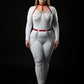 Plus size red chain-swag collar and waist harness set on white bodysuit; vegan leather with silver chains HarnessClub