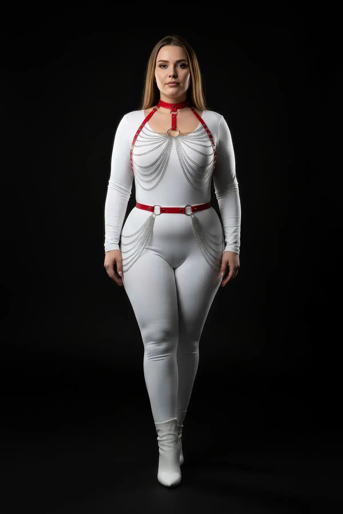 Plus size red chain-swag collar and waist harness set on white bodysuit; vegan leather with silver chains HarnessClub
