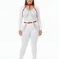 Plus-size red chain-swag collar and waist harness set in vegan leather with silver chains