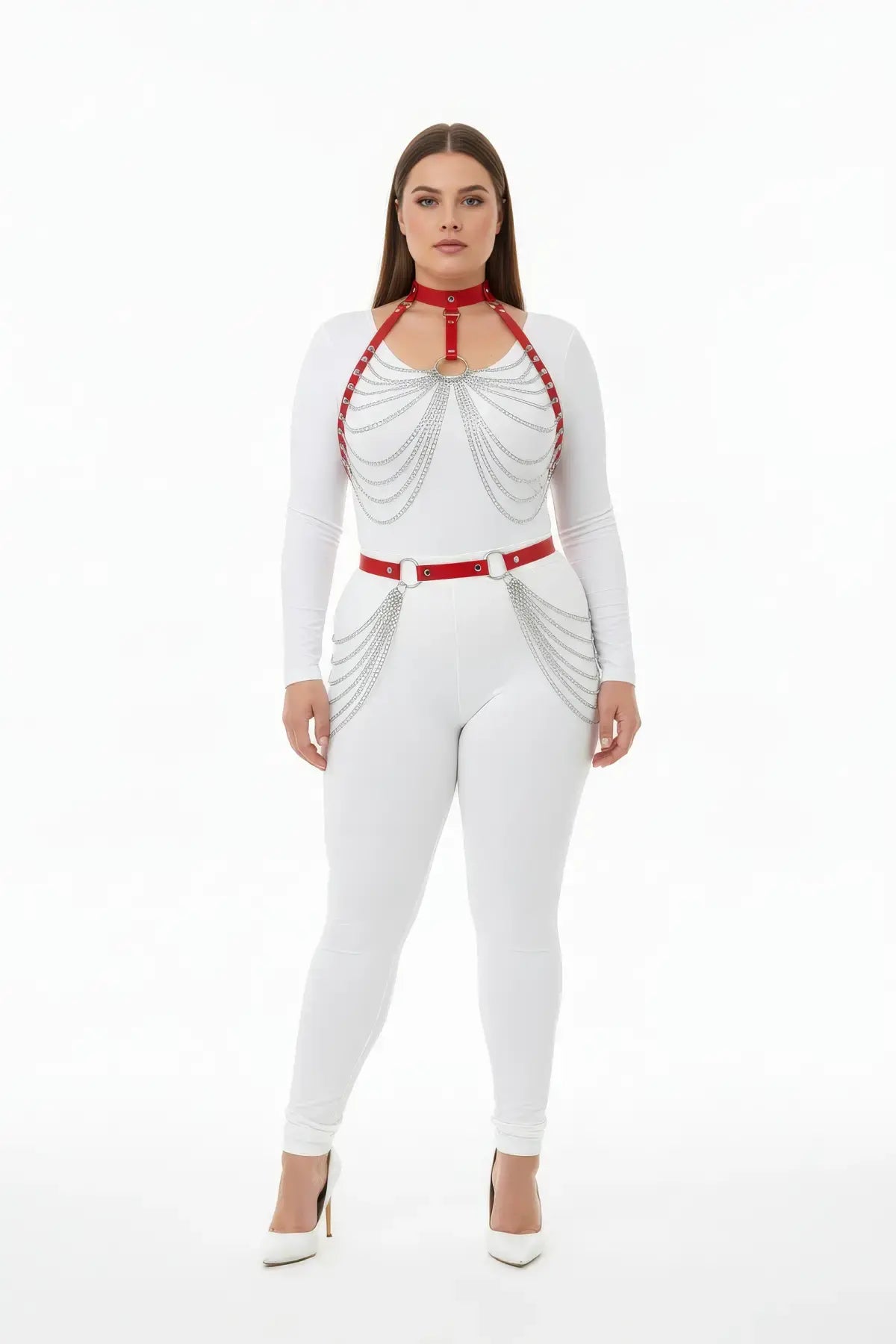 Plus-size red chain-swag collar and waist harness set in vegan leather with silver chains