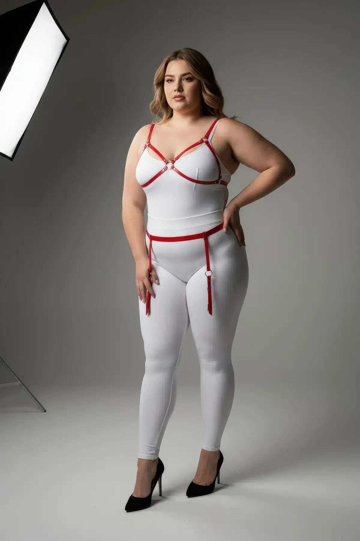 Plus Size Red Chest Harness and Garter Belt Set by HarnessClub, red vegan-leather straps.