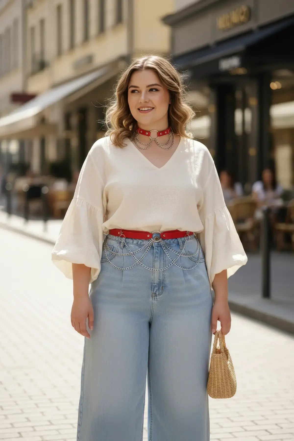 Plus-size red vegan-leather choker and chain hip belt two-piece set worn by a model.