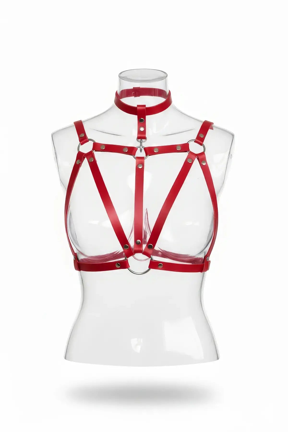 Plus Size Red Choker Bralette Cage Harness in vegan leather with metal rings on a clear mannequin.