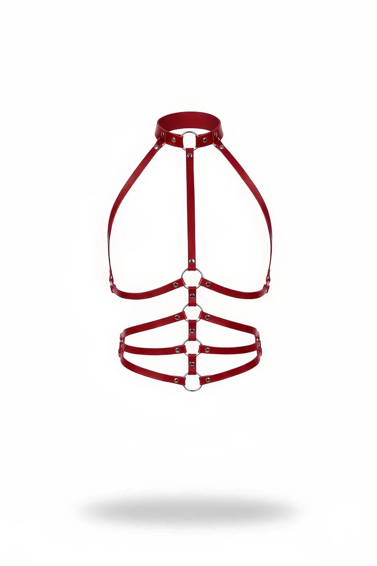 Plus-size red vegan-leather choker bralette with multi-band underbust harness by HarnessClub