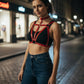 Plus-size red choker bralette with V-cross vegan leather body harness by HarnessClub