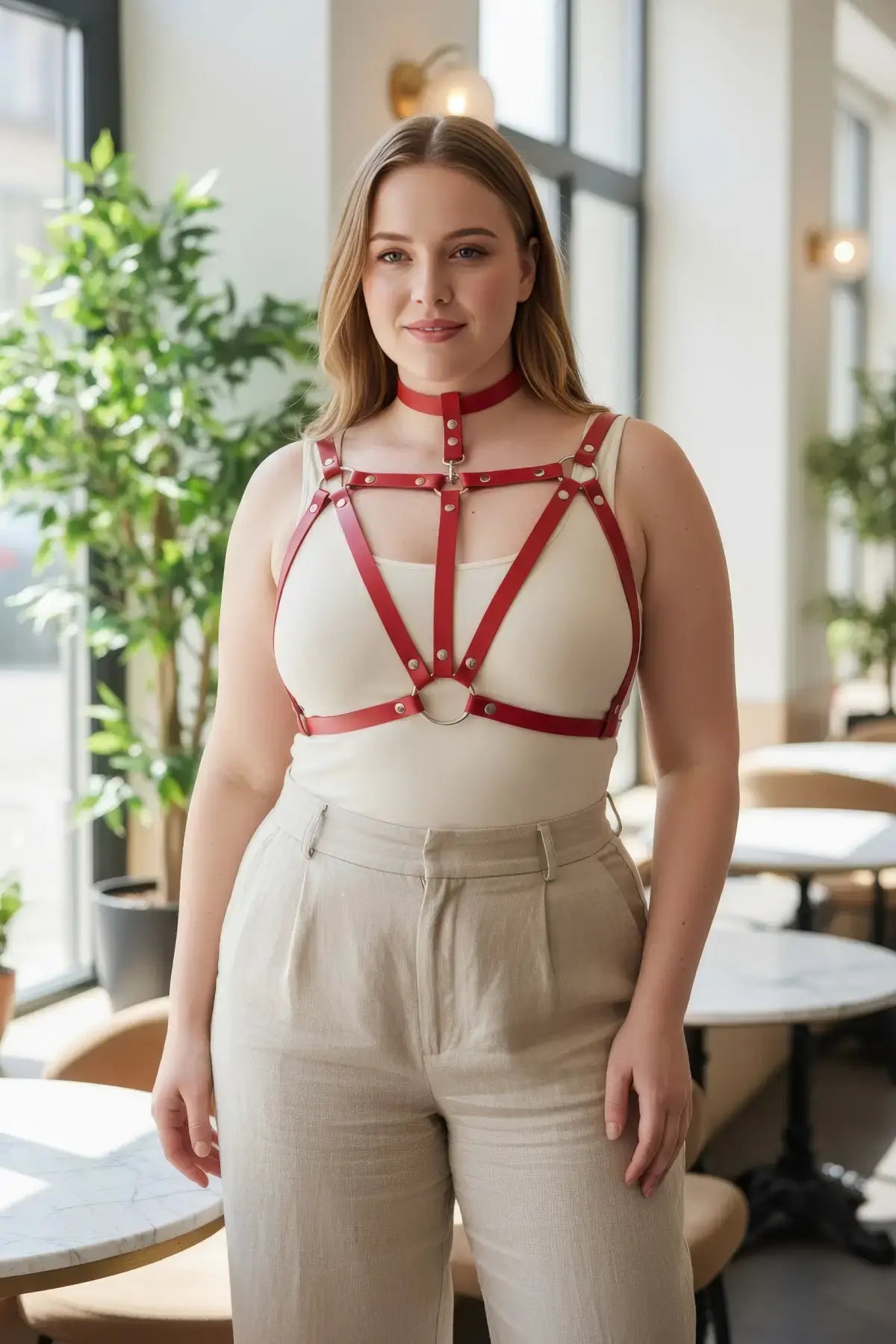Plus-size red vegan leather choker cage chest harness worn by model