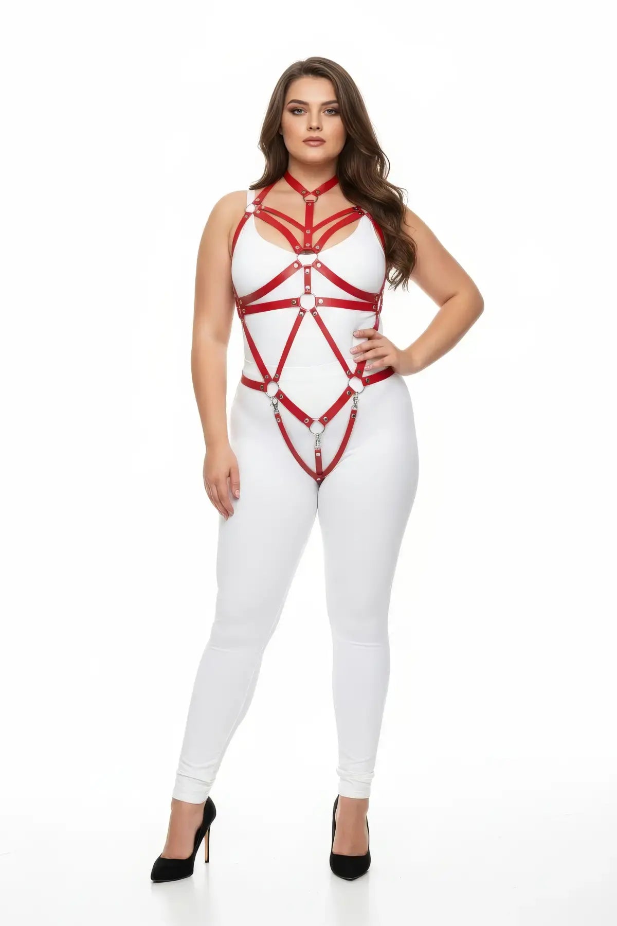 Plus size red choker cage full-body harness with metal rings by HarnessClub in vegan leather